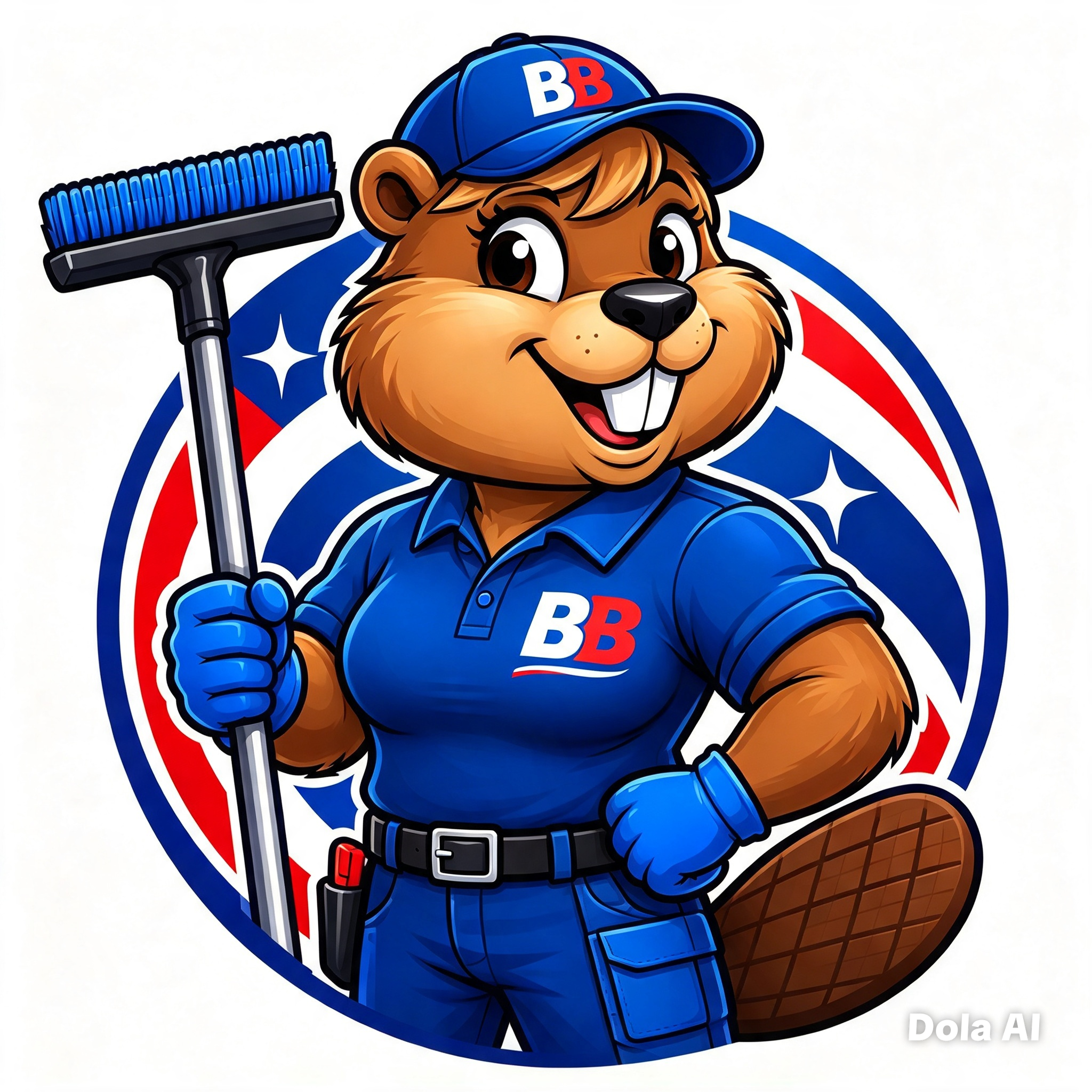 Busy Beever cartoon beaver cleaning mascot
